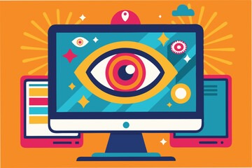 Aufkleber - Creative illustration showcasing an eye symbol on a computer screen, representing monitoring and analytics in a vibrant digital environment