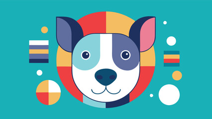 Poster - Cute vector illustration of a playful dog with vibrant colors against a light background, featuring simple geometric shapes and friendly expression
