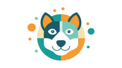 Poster - Cute vector illustration of a playful dog with vibrant colors against a light background, featuring simple geometric shapes and friendly expression