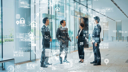 Poster - 会議するビジネスグループとテクノロジーイメージ