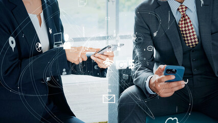 Poster - Businessman using a smartphone and communication network concept