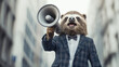 © pattozher - The Megaphone Messenger: A surreal image of a charismatic raccoon, adorned in a smart suit and bowtie, passionately speaking through a megaphone.