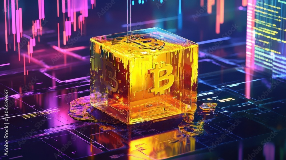 Bitcoin coin melts in a glass cube forming Bitcoin symbols in molten ...