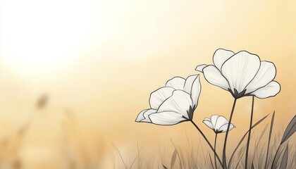 Wall Mural - three white flowers with black outline on blurred golden background. minimalist floral illustration.