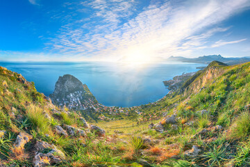 Wall Mural - spectacular view of santa flavia town with cape zafferano and national park orientata pizzo cane.