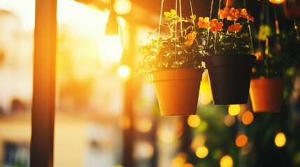 abstract background with hanging flower pots and golden hour light, vibrant and cheerful tones, rustic and festive, minimalist layout