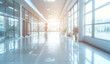 © Eyepain - Hall way corridor soft white blue light blurred background panoramic windows bright light backdrop presentation.