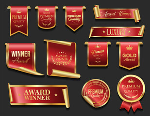 Wall Mural - golden luxury labels and badges gold and red premium quality certificate ribbons vector illustration