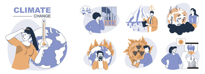 Aufkleber - Climate change concept set in flat web design. People in isolated scenes suffering from hot temperature, toxic industry pollution, melting glaciers, wildfire and radiation risk. Vector illustrations.