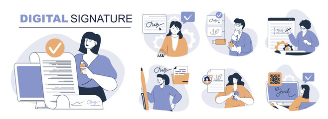 Fototapete - Digital signature concept set in flat web design. People in isolated scenes signing legal documents with electronic identification certificate with verification technology. Vector illustrations.