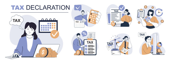 Poster - Tax declaration concept set in flat web design. People in isolated scenes calculating income earning, preparing documents for online payments, filling declaration form online. Vector illustrations.