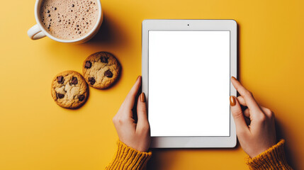 Coffee break with cookies. A sweet snack. Tablet mockup on a yellow table, top view. A young white woman is holding a tablet with an empty white screen and eating cookies