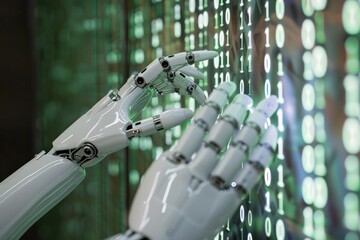 robotic hand interacting with digital binary code display