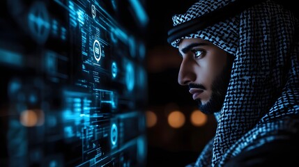 Focused man in traditional attire analyzing digital data on a futuristic interface at night