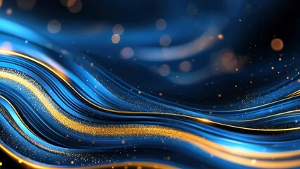 Golden wave rippling across blue glitter background, sparkling with luxurious bokeh shimmer video 4k
