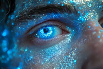 Poster - Captivating close-up of an eye adorned with shimmering blue light and sparkles