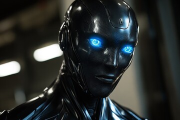 Aufkleber - Innovative robot design with glowing blue eyes in a futuristic workshop setting