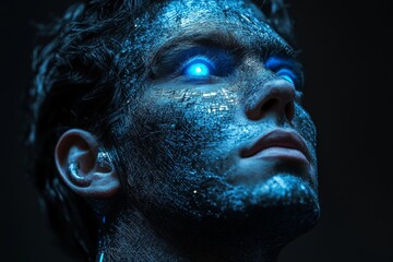 Aufkleber - Futuristic portrait of a young man with glowing blue eyes and intricate digital patterns on his face