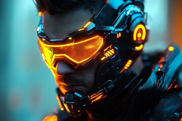 Aufkleber - Futuristic cyborg wearing illuminated helmet and high-tech goggles in a dimly lit urban environment