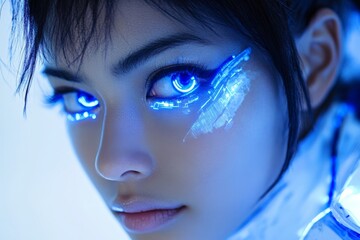 Poster - Futuristic portrait of a woman with glowing blue eyes and cybernetic features in a high-tech environment