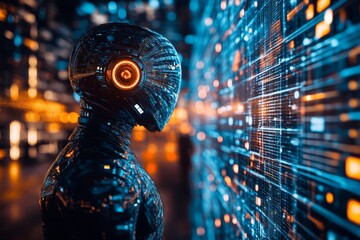 Aufkleber - Futuristic humanoid robot interacting with vibrant digital environment in a high-tech setting at night