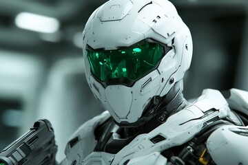 Poster - Futuristic soldier in sleek white armor with green visor holding weapon in high-tech environment