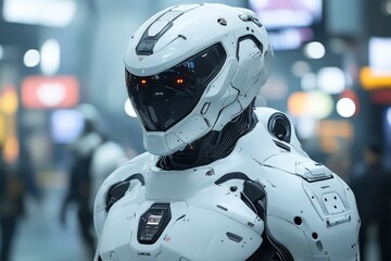 Poster - Robot in futuristic urban setting showcasing advanced technology and design during nighttime