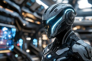 Poster - Futuristic humanoid robot with glowing accents inside a high-tech facility