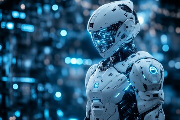 Poster - Futuristic humanoid robot stands amidst glowing technology in a cybernetic environment at night