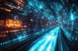 © HO - A futuristic journey through a virtual tunnel, with abstract data networks and digital light beams flowing past, symbolizing the next frontier of virtual reality and quantum technology.