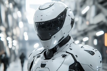 Fototapete - Shiny futuristic humanoid robot in a high-tech environment showcasing advanced design features