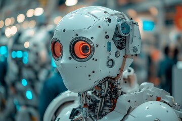 Aufkleber - Robotic figure with expressive features showcased at a technology exhibition