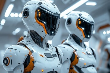 Poster - Robots in advanced technology lab showcasing futuristic design and functionality in a bright and sleek environment