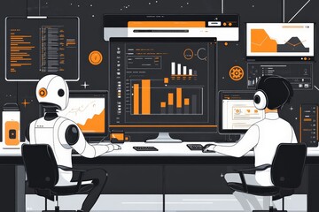 Leinwandbilder - Futuristic workspace with robots analyzing data in a high-tech environment