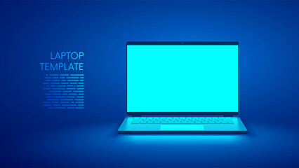 Fototapete - Laptop empty screen on desk on blue background. Laptop vector front view. Front open cyan screen gaming laptop mock up. Vector template blank screen notebook in blue light. Laptop mockup.
