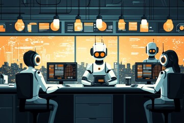 Leinwandbilder - Robots in a futuristic control room collaborating on complex tasks in a vibrant cityscape