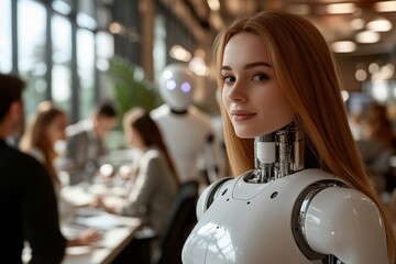 Leinwandbilder - Robot and people engage in conversation in modern office setting during daylight hours