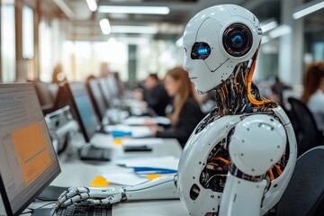 Poster - Advanced robot working alongside professionals in a modern office environment during the daytime