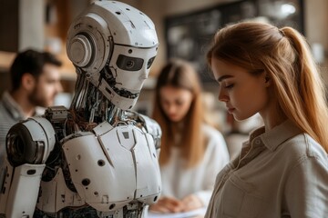 Poster - Interaction between a humanoid robot and a woman in a modern workspace during a technology demonstration