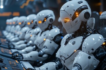 Aufkleber - Robots working together in a high-tech facility during a futuristic operation on a bright day