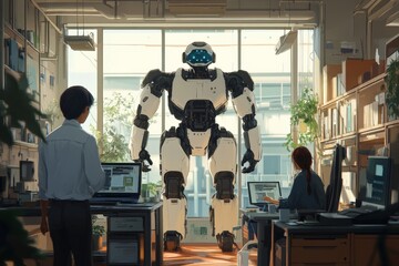 Leinwandbilder - Advanced robot interacts with researchers in a modern laboratory during a bright afternoon