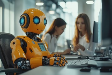 Leinwandbilder - Robot assists employees at modern office during work hours with advanced technology and collaborative atmosphere