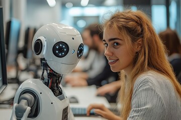 Poster - Young woman interacts with humanoid robot in a modern tech workspace during a collaborative learning session