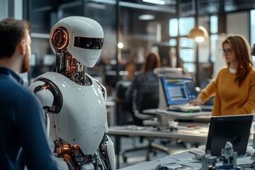 Leinwandbilder - Discussing AI technology in a modern office with a humanoid robot during a busy workday