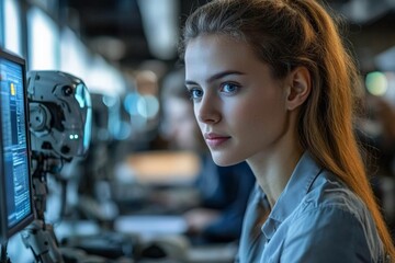 Leinwandbilder - Young woman working intensively at a computer with robotic technology in a modern office setting
