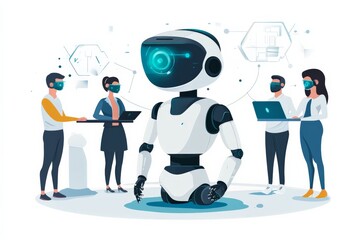 Leinwandbilder - Group of people collaborating with a robotic assistant in a modern workspace