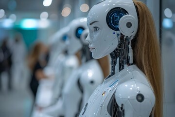 Aufkleber - Robotic figures showcase advanced technology at an international exhibition in a modern venue