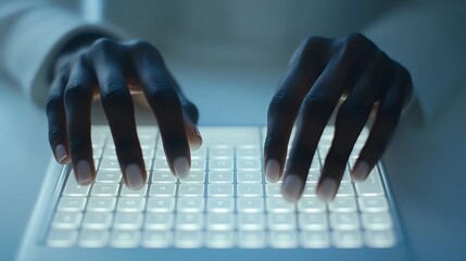 Dark hands typing glowing keyboard, night office