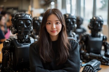 Poster - Young woman poses confidently among humanoid robots in technology workshop