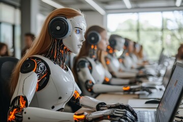 Aufkleber - Advanced robots engaged in computer programming at a modern office during a tech demonstration